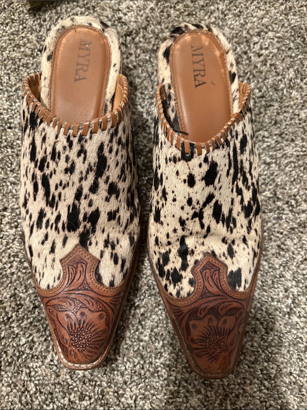 Myra Bag Speckled Black & Cream Cowhide Leather Mules with Tooled Brown Accents